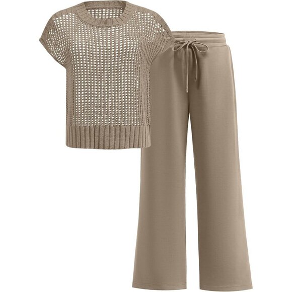 Dresses & Skirts - Women Crochet Sheer Knit Sweater Top Wide Leg Pants Lounge Sets Medium